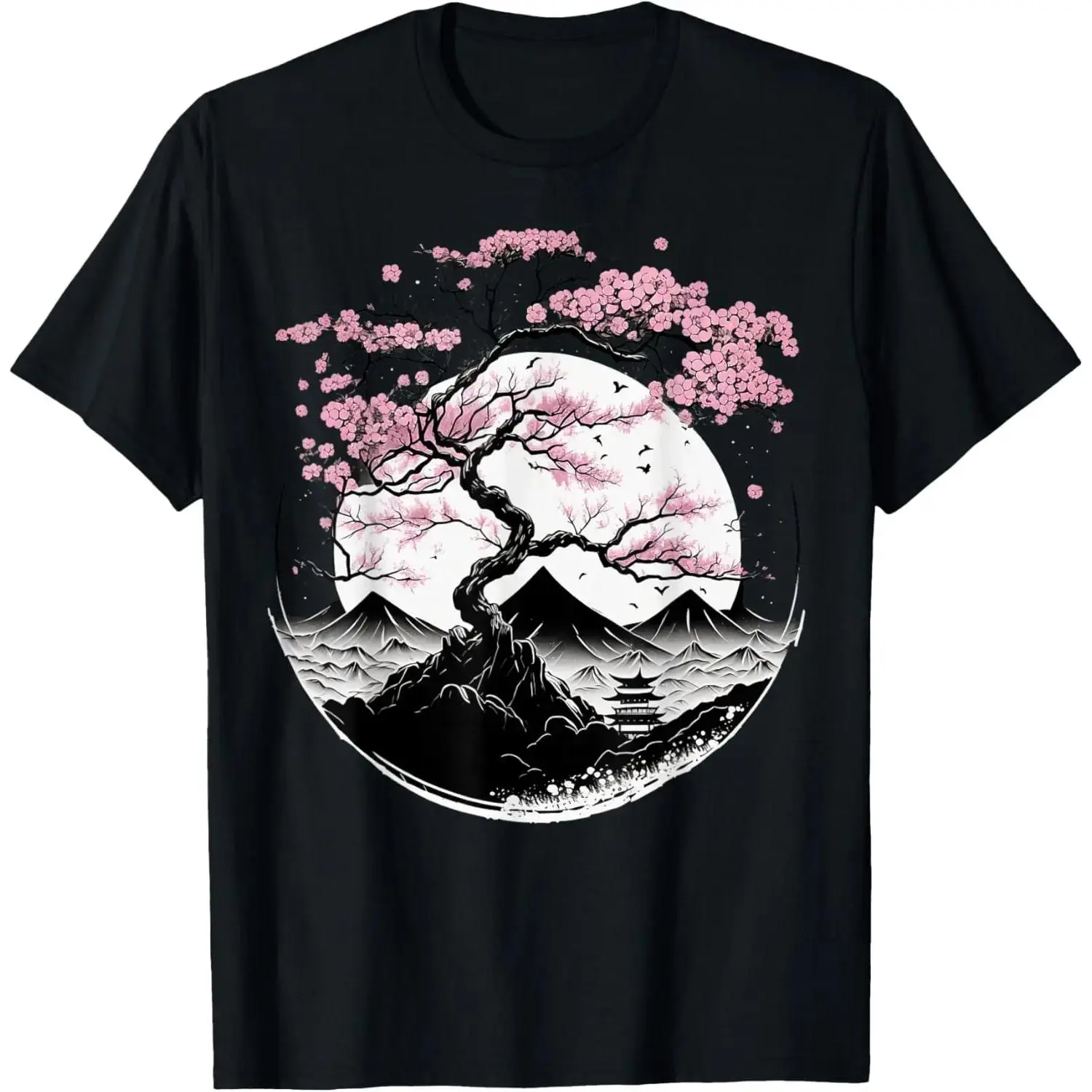 Men's 100% Cotton Short-Sleeve Round-Neck Casual Top, Japanese Sakura Garden Geisha Mount Fuji Print T-Shirt, Shortsleeve, Tshirt, Fabric, Fade-Resistant, Unisex Wear