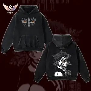 Upper Moon 3 Akaza Hoodie, Oversize Washed Heavy Cotton Hoodie, Double Printed Demon Slayer Anime Streetwear Top