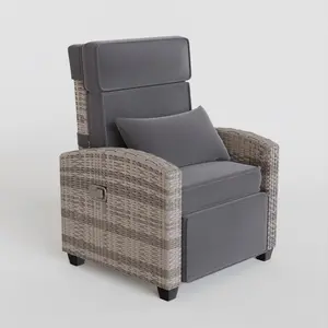 【GARVEE】Outdoor Adjustable PE Rattan Recliner Chair with Flip-Up Side Table, 150° Lay Flat, All-Weather Steel Frame, Gray Cushion Patio Lounge Chair for Garden, Poolside, Balcony in Gray and White Gradient