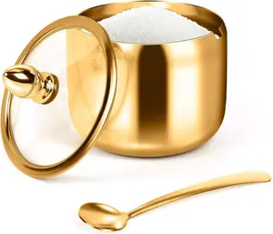 Sugar Container with Glass Lid and Spoon - 10oz Gold Sugar Bowl for Coffee Bar Station Accessories Kitchen Storage for Salt, Candy, Coffee Bean (Gold)