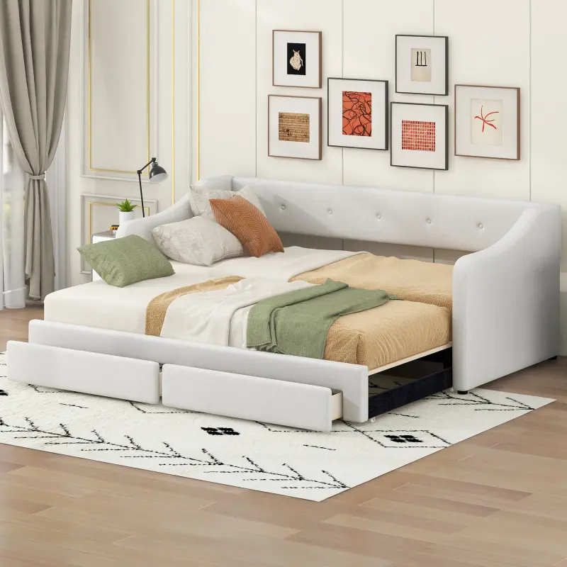 【Bellemave】Twin XL to King Size Upholstered Daybed with Two Drawers, Beige RR 【Bellemave】Twin XL to King Size Upholstered Daybed with Two Drawers, Beige RR