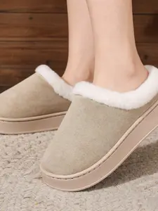 Cozy Thick Sole Indoor Slippers, Soft Suede Lining, Plush Rabbit Fur Trim, Enhanced Cushioning, Non-Slip Bottom, Minimalist Design