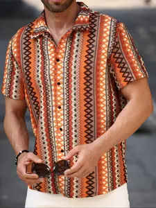 Men's Plaid Texture Short Sleeve Shirt, Bohemian Style Casual Comfortable Button Front Collar Top, Summer Fashion Tropical Men's Clothing Stripes Menswear