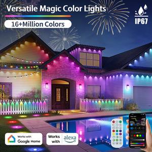115ft/164ft 16m colors smart versatile magic color lights, tuya app&voice control, ip67 waterproof, 64 modes, permanent outdoor led lights with music sync&timer, 3 accessories for eaves/wall/pool/lawn/paths/fence, create a romantic atmosphere.