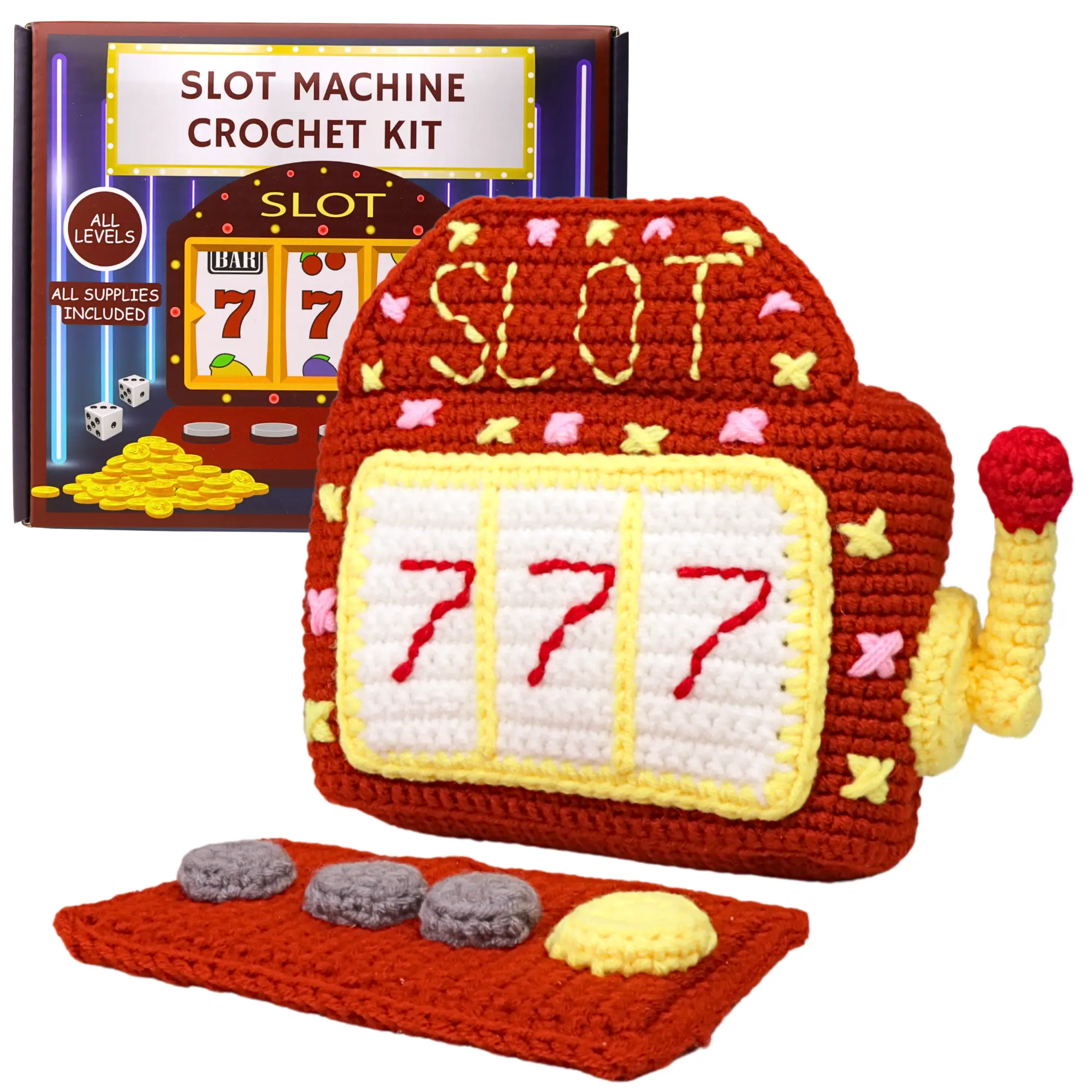 Slot Machine Crochet Kit, Amigurumi Craft Knitting Starter Set, Step-by-Step Video Tutorials and Printed Instructions