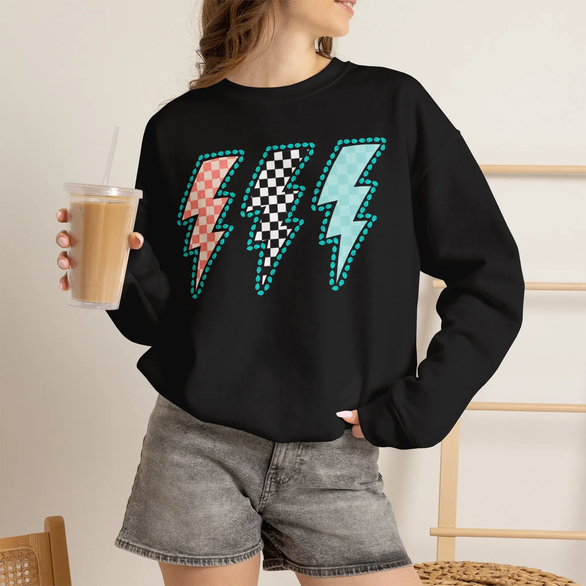 Checkered Lightning Bolts Sweatshirt | Retro Pastel Bolt Trio