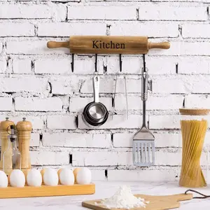 4-Hook Burnt Brown Wood Wall Mounted Rolling Pin Design Kitchen Storage