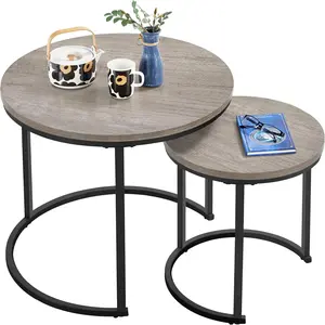 Nesting Side Tables Set of 2, Modern Round End Tables w/Waterproof Scratch Resistant Surface & Sturdy Metal Base for The Living Room,Guestroom, Balcony, Apartment and Small Space,Gray