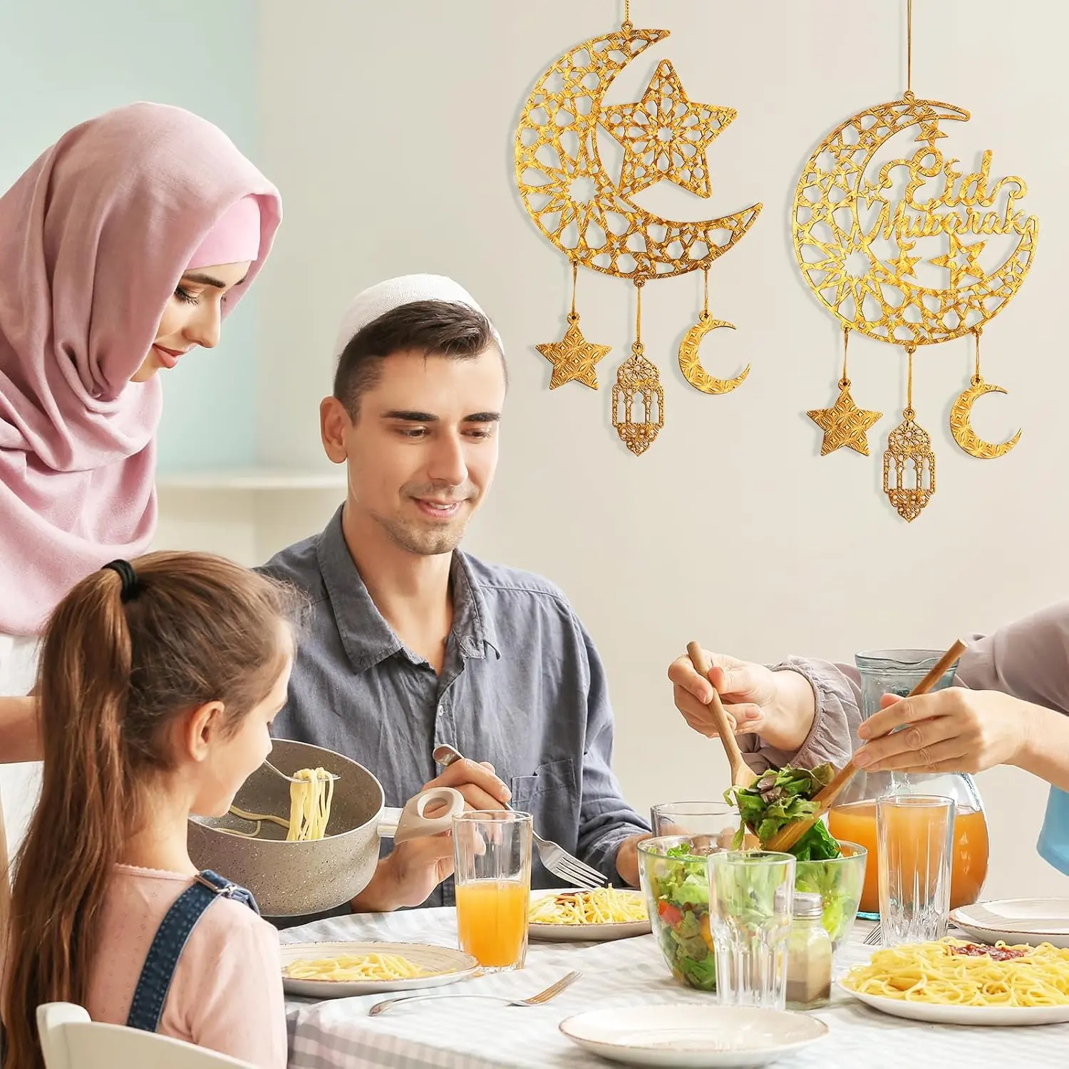 2pcs Eid Mubarak Decoration Ramadan Party Hanging Decoration Pendant Wooden Hollow Moon Star Pendant Islamic Home Decoration