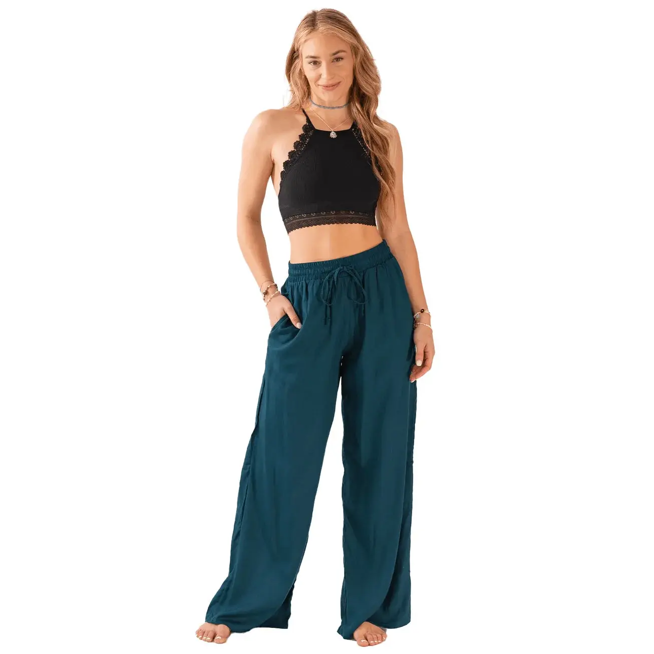 Deep Teal Wide Leg Drawstring Pants Breathable Casual