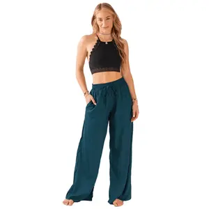 Deep Teal Wide Leg Drawstring Pants Breathable Casual