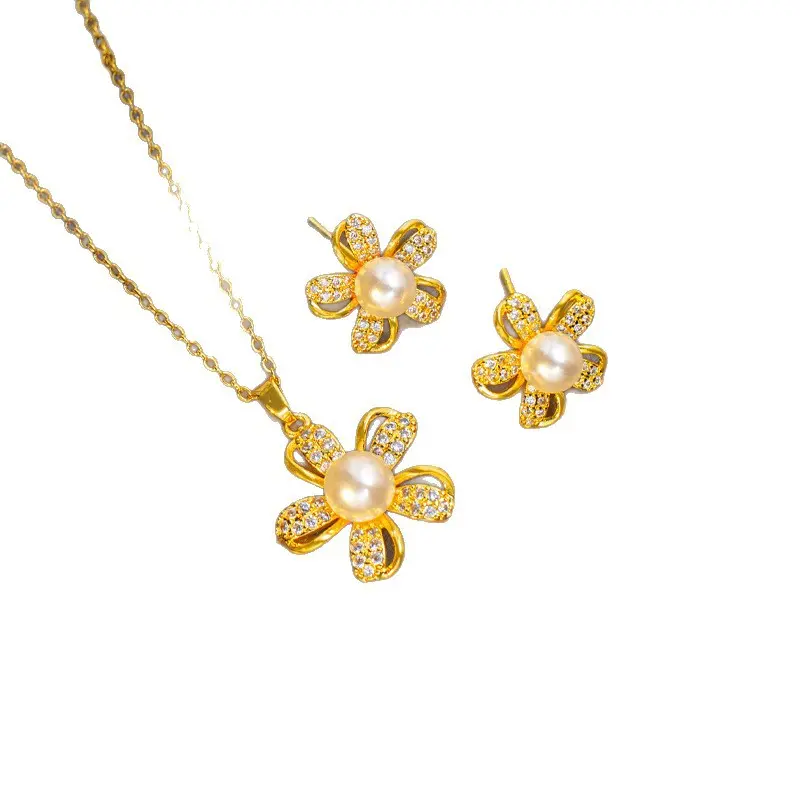 [Set] New Pearl Five-Petal Flower Titanium Steel Necklace for Women with Diamond Pendant Earrings Niche Fashion Light Luxury Jewelry Gift for Girlfriend Christmas Gift Little Sunflower