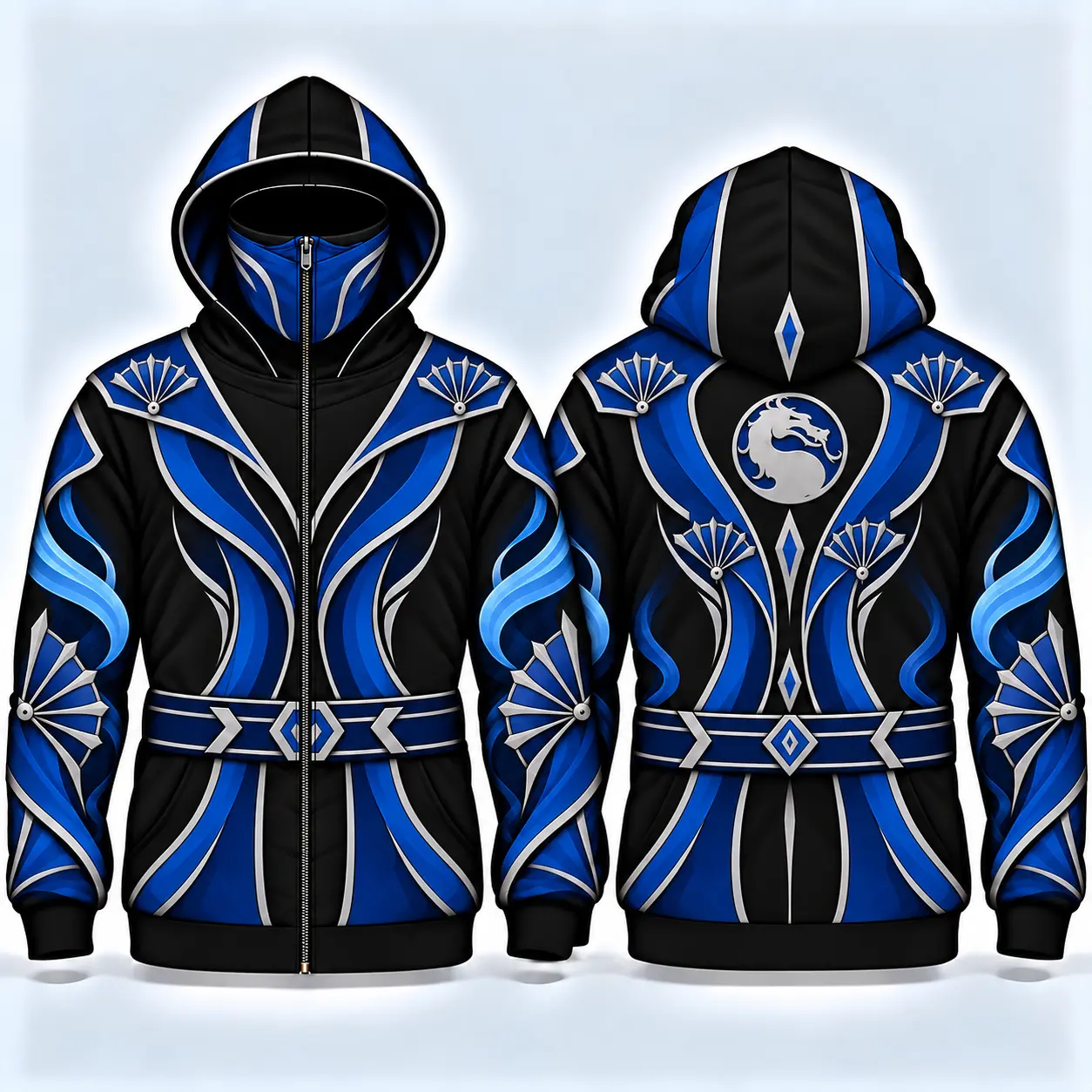 Kitana Inspired Full Zip Ninja Hoodie with Face Mask for Women, Blue Black Silver All Over Print Hooded Jacket