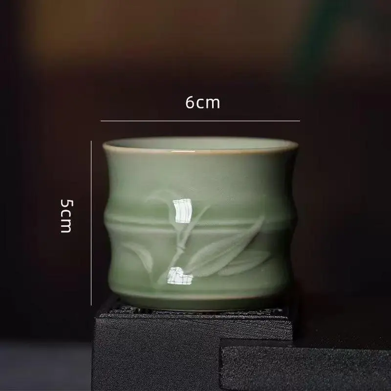 Traditional Glossy Blue Longquan Shadow Blue Aesthetic Eastern Bamboo Grain Texture Ceramic Beverage Cup - Premium Collectible Cultural Pottery for Home Use, Stylish Ceramic Cup for Tea Drinking