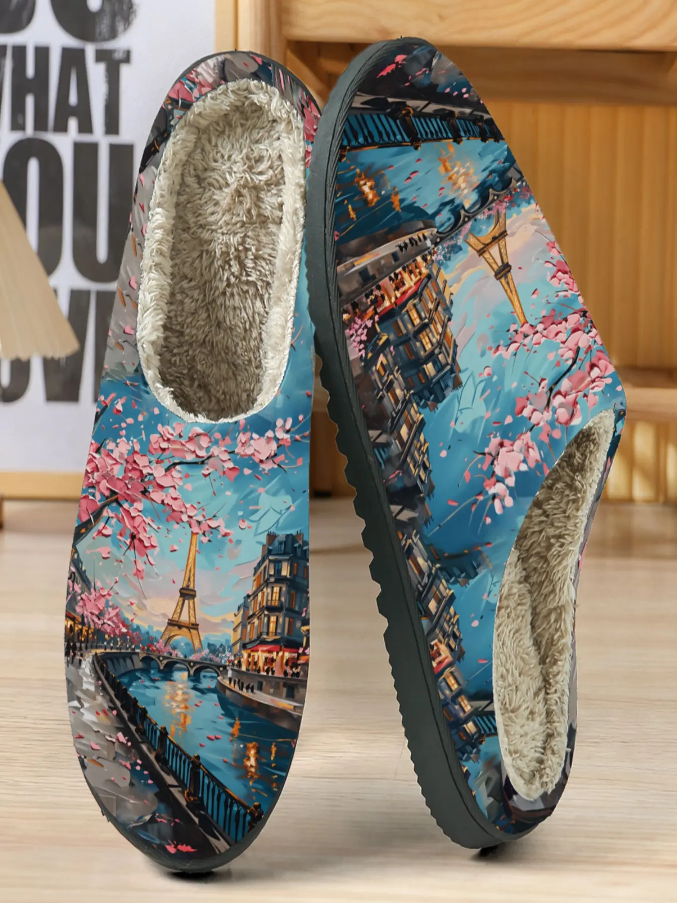 Paris Cherry Blossom Art Cotton Slippers, Eiffel Tower River Spring Scene, Soft Plush Lining, Casual Home Wear, Fall & Winter