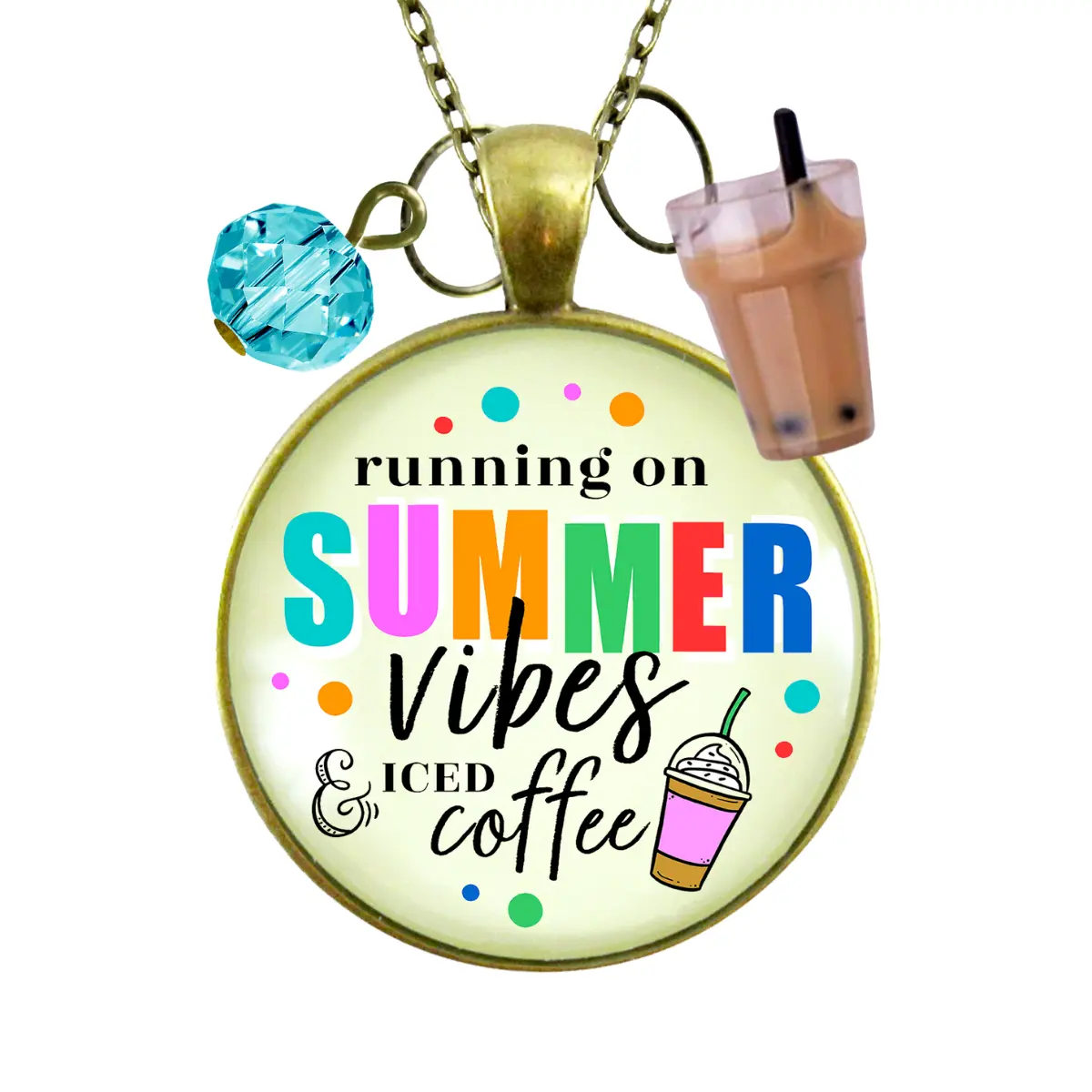 Summer Vibes Iced Coffee Necklace Colorful Beach Life Handmade Retro Chic Pendant Summertime Quote