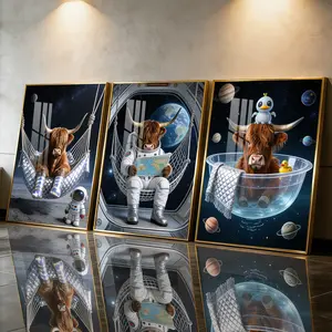 3Pcs Aluminum Alloy Framed Painting, Astronaut Space Cow Art Picture, Home Decoration For Living Room, Bedroom, OfficeWall Decor, Odorless Print Artwork, Luxury Perfect Gift For Friends And Family