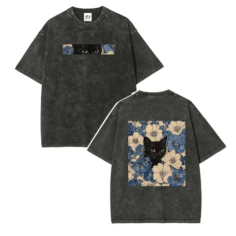 Unisex Vintage Cat Graphic T-Shirt, Oversized Washed Cotton Streetwear Top, Soft Baggy Short-Sleeve Tee with Slight Stretch