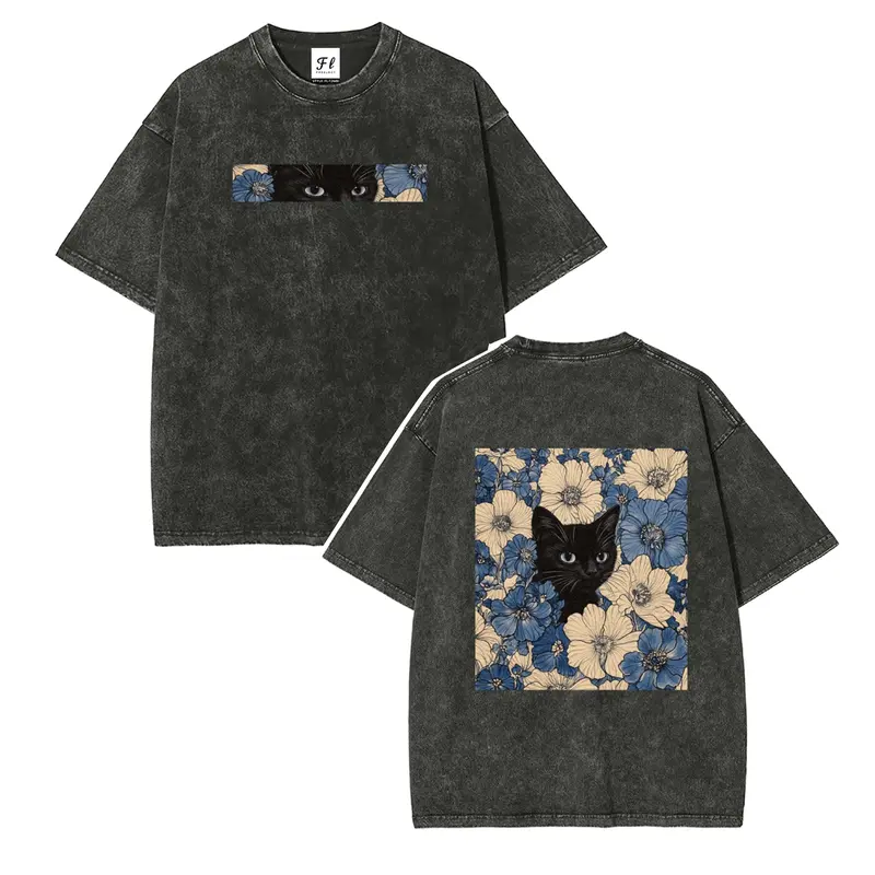 Unisex Vintage Cat Graphic T-Shirt, Oversized Washed Cotton Streetwear Top, Soft Baggy Short-Sleeve Tee with Slight Stretch