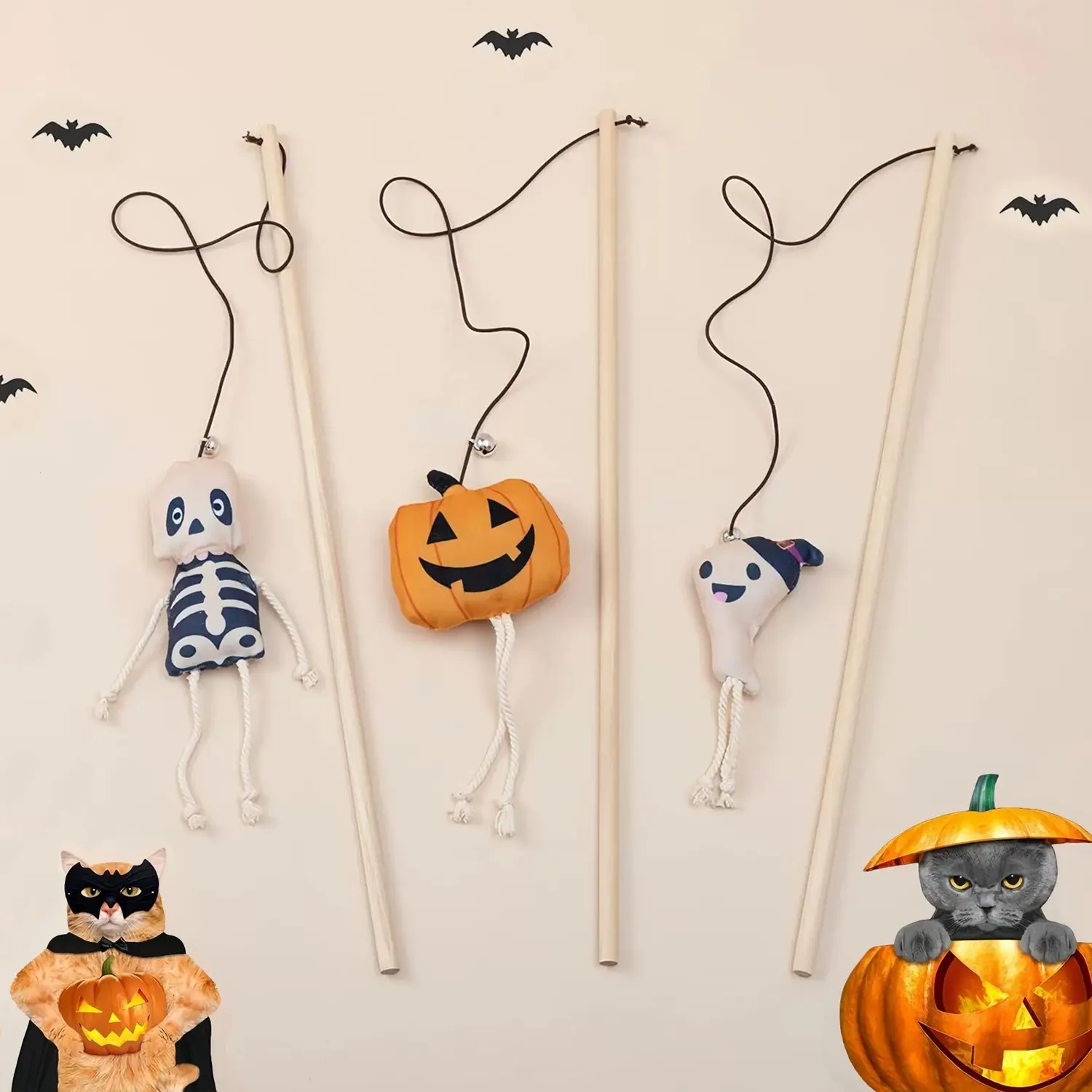 3PCS Plush Pumpkin Cat Wand Teaser Toys with Bell Attached, Wooden Handle Kitty Interactive Toys for Halloween Indoor-Outdoor Exercise, Ideal Halloween Gift for Cats