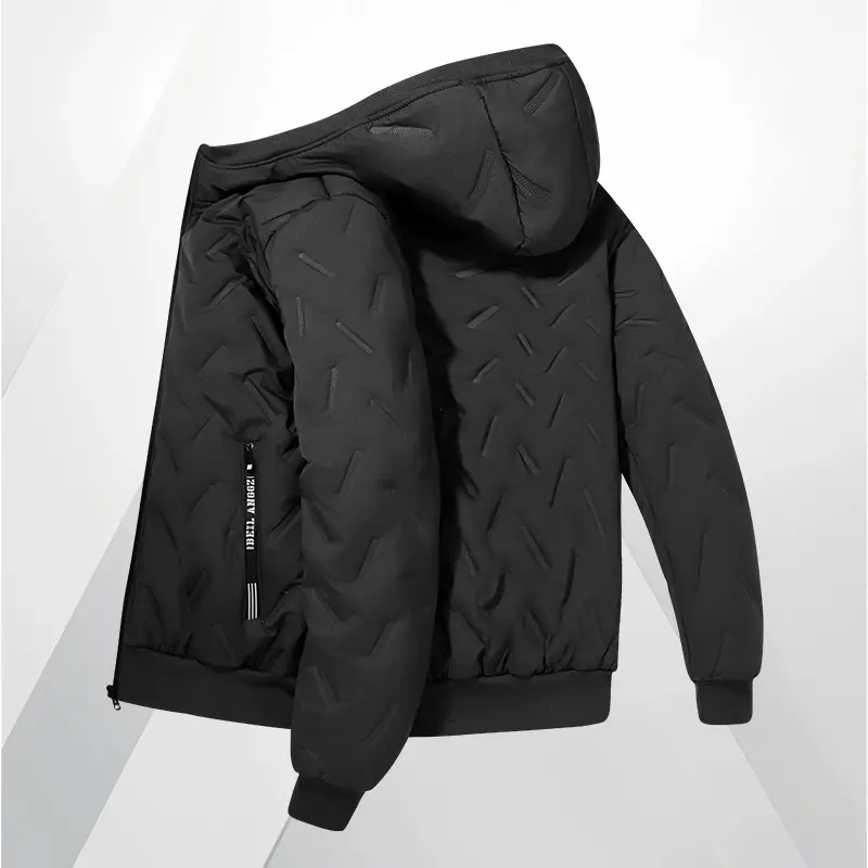 Men's Fitted Plain Hooded Cotton Coat - Long Sleeve, Fleece-Lined, Thick, Breathable, Soft-Zippered, Warm, Comfortable, Stylish, Fashionable, Casual, Versatile Menswear Top for Winter Warmth, Black