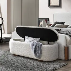 Aobtkel®Sandro Beige Bouclé & Walnut Bench w/Storage#Summervibes