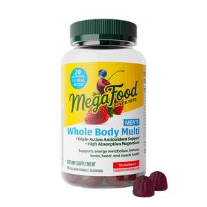 MegaFood Men's Whole Body Multi Gummy | 20 Nutrients, plus real food, Delicious Strawberry Flavor, Gluten Free, Vegetarian, 30 Servings