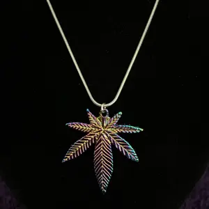 Multi colored Pot Leaf on 16” silver plates necklace