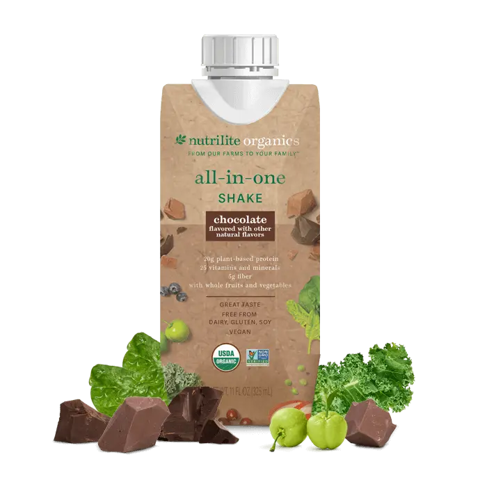 Nutrilite Organics All-in-One Shakes Chocolate 12 Pack Ready-to-Drink Vegan Protein Shake with Fiber Vitamins Minerals USDA Organic Plant-Based Nutrition Beverage