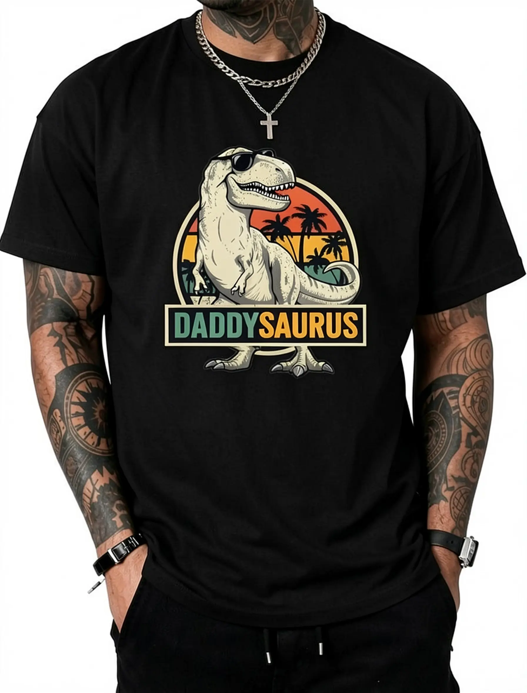 Daddysaurus T Rex Dinosaur Daddy Saurus Family Matching T-Shirt Pure Cotton Graphic Tees Menswear Top: Gifts for Men & Women