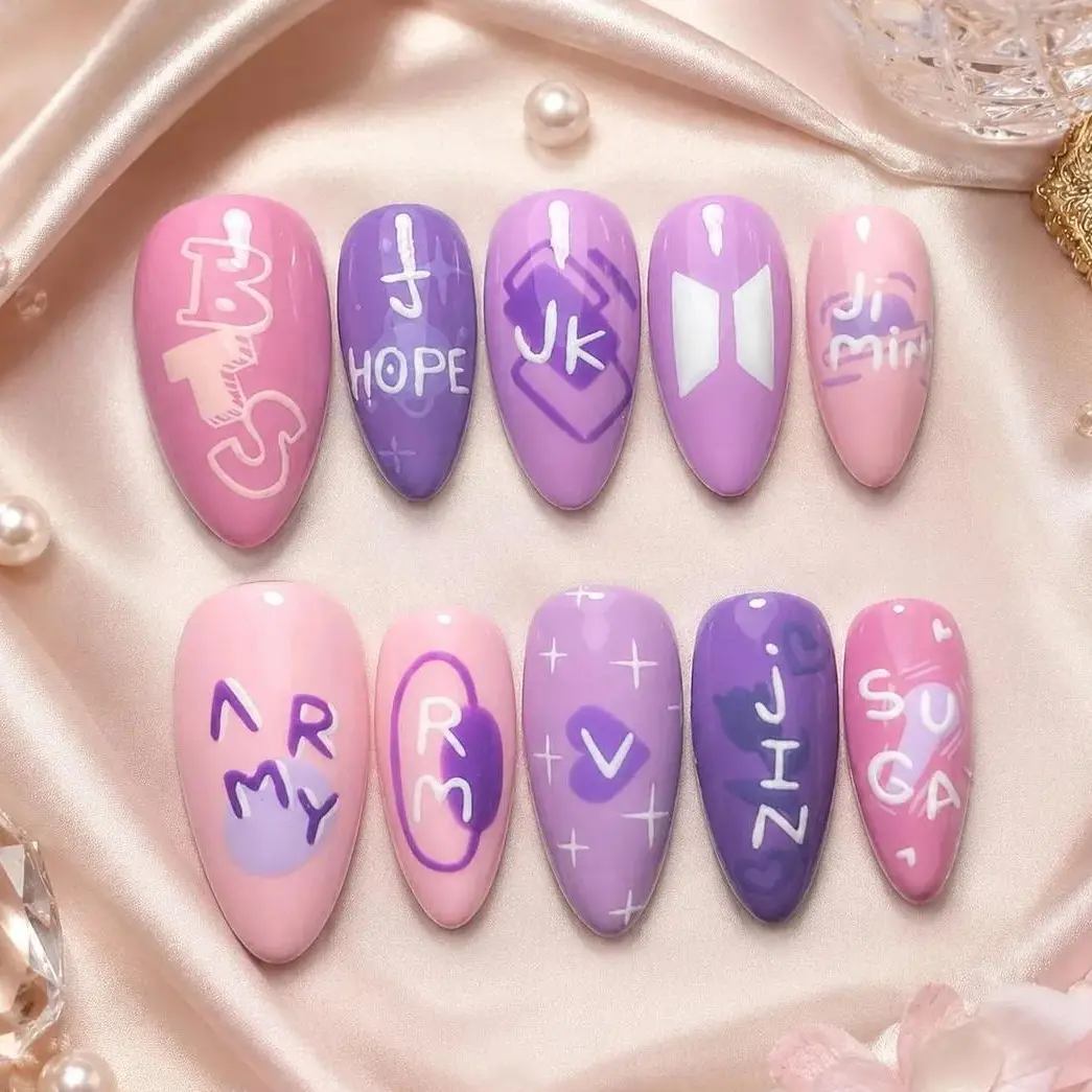 BTS Press On Nails, Bangtan Inspired Kpop Nail Set, Purple Red Glitter Nails, Multiple Styles, Gift for ARMY