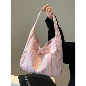 Large Capacity Women Casual Stripe Fabric Tote Bag Shoulder Handbag For Daily Commute Shopping Grocery