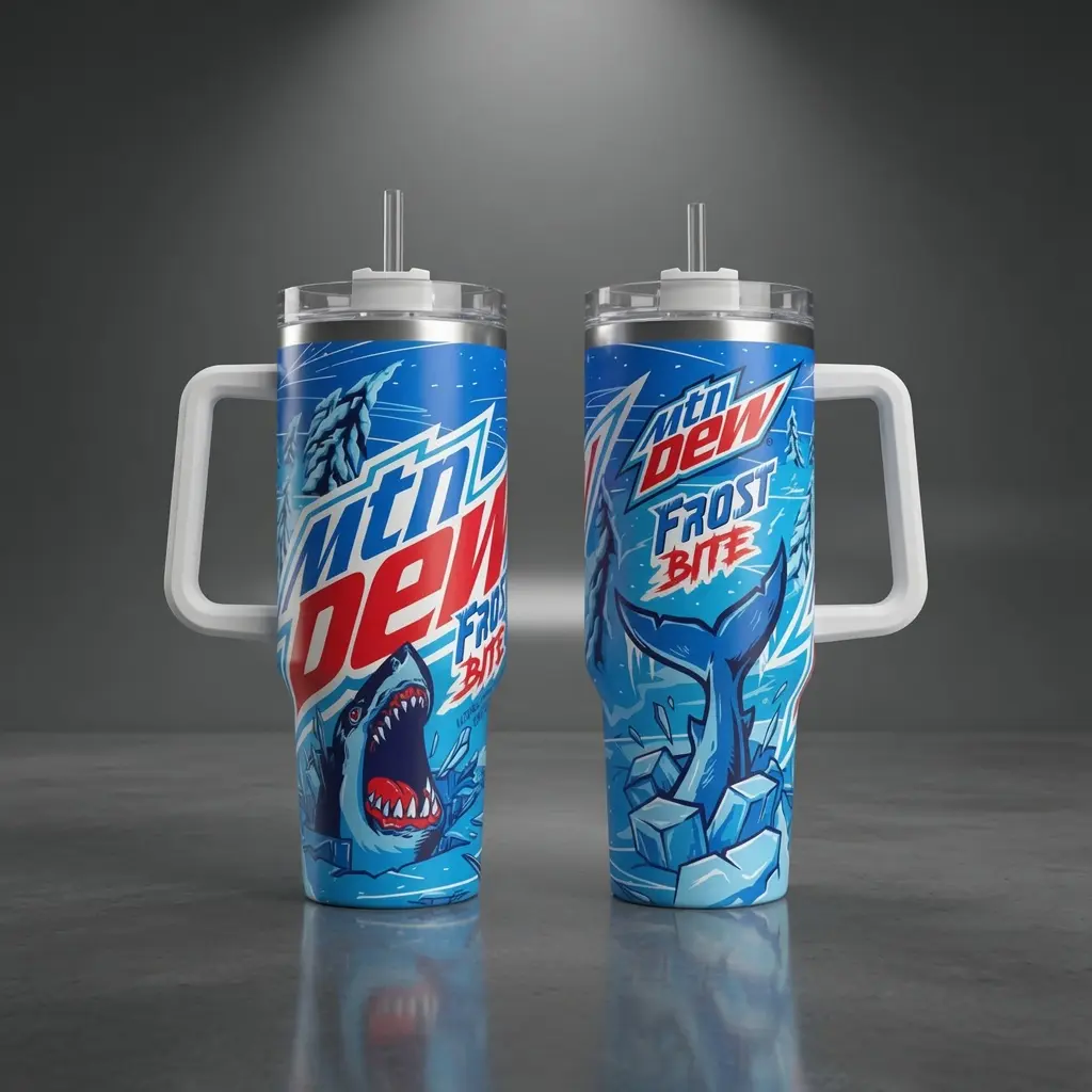 MTN DEW Frost Bite Stainless Steel Insulated Vacuum Flask Tumbler with Handle & Straw - Kitchenware Drinkware Gift for Racing Fans & Partners