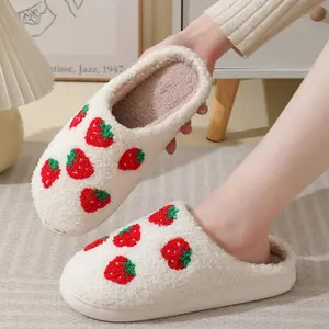 Non Slip Gripper Sole Slippers for Women Plush Strawberry Design Memory Foam Comfort Cozy House Shoes Quick Easy Slide on Indoor Outdoor
