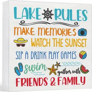 Lake Decor Lake Rules Wood Sign Summer Decorations Farmhouse Home Table Desk Decor (5 x 5 Inches)