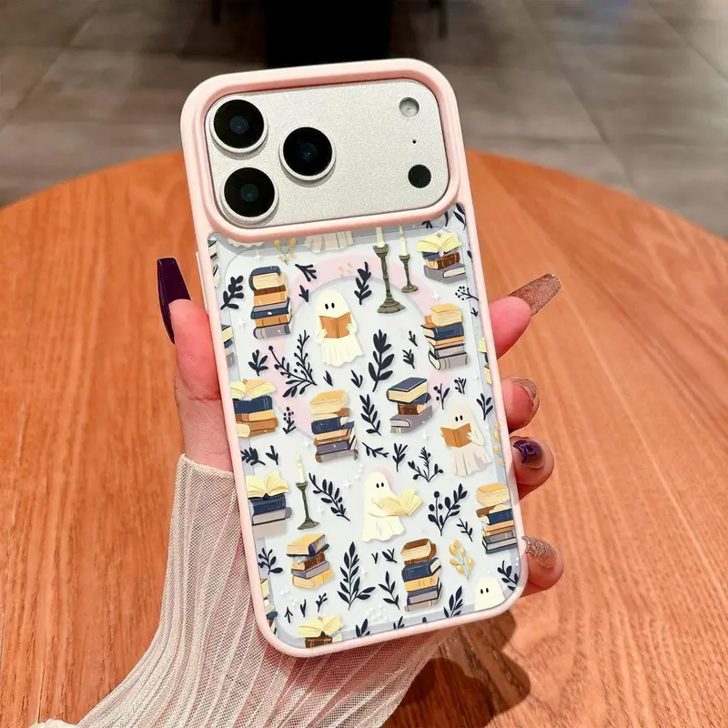 Book Ghost Magsafe Shockproof Cover for iPhone 11-17 Pro Max, Magnetic Smartphone Shell for Girls, 360° Protect, Anti-Drop, Dustproof, Wireless Charging Compatible, Screen & Camera Guard