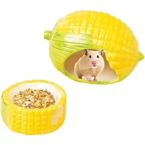 Ceramic Hamster Hideout,Corn Hamsters House and Habitat with Food Bowl, Syrian Hamster Hideout Decor Cool Bed for All Season Gerbil, Mice Guinea Pig(Yellow) CERAMIC FEEDING BOWL FOR SMALL PETS