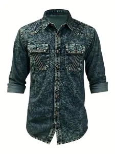 Men's Denim Shirt with Two Front Pockets and Long Sleeves for Casual Wear