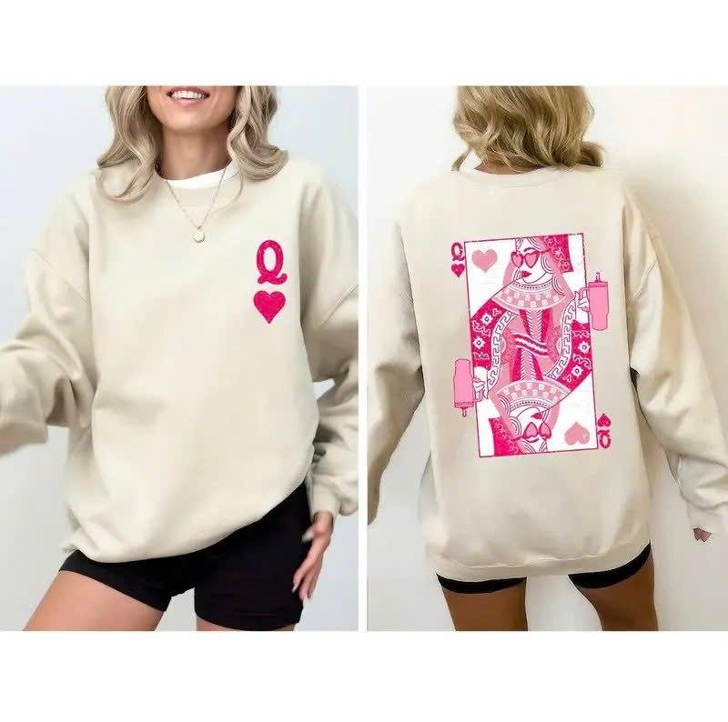 Queen of Hearts Sweatshirt, Card Game Graphic Crewneck, Valentine’s Day Outfit, Playing Cards Design Sweater, Cute Romantic Gift, Trendy Unisex Sweatshirt