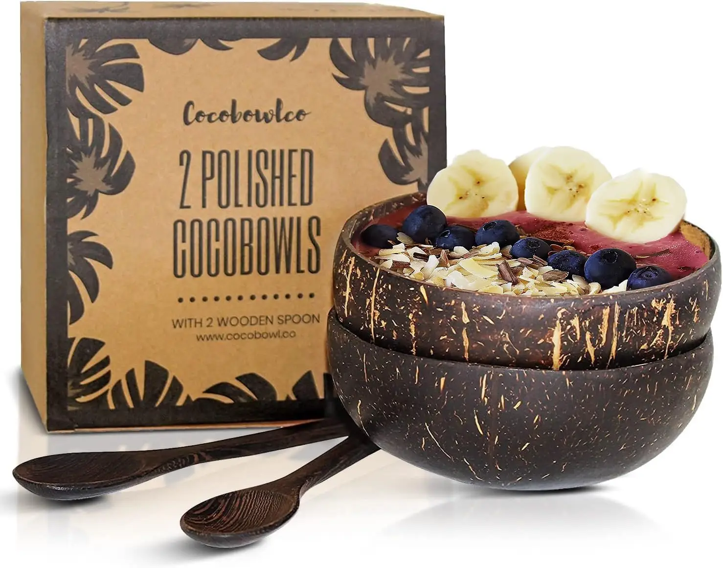Coconut Bowl Set with Wooden Spoons – Eco-Friendly Acai Bowls, Yogurt Bowls & Smoothie Bowl – Ideal for Ninja Creami & Healthy Breakfasts (Set of 2)