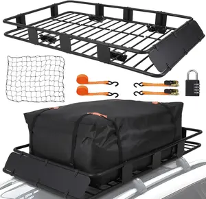 162cm Roof Rack Basket with Waterproof Bag & Net, Heavy Duty Steel Car Top Cargo Carrier Tray, Universal Roof Cage with Straps for SUV Van (64"X39")