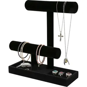 Wudygirl Modern Foldable Rectangle Black Velvet Jewelry Organizer Stand, 2-Tier Necklace Bracelet Holder with Earring Ring Tray, Vanity Display for Scrunchies Watches