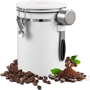 Airtight Coffee Container with Date Tracker & Spoon - Kitchen Storage Jar for Coffee Grounds, Cereal, Beans, Sugar (White, 14OZ)