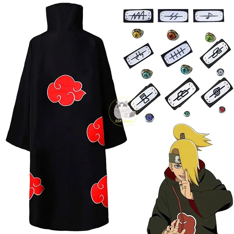 Bilibili Anime Akatsuki Deidara Cosplay Ninja Costume Uchiha Itachi Red Cloud Cloak Robe Cloak Headband Props Halloween Clothes