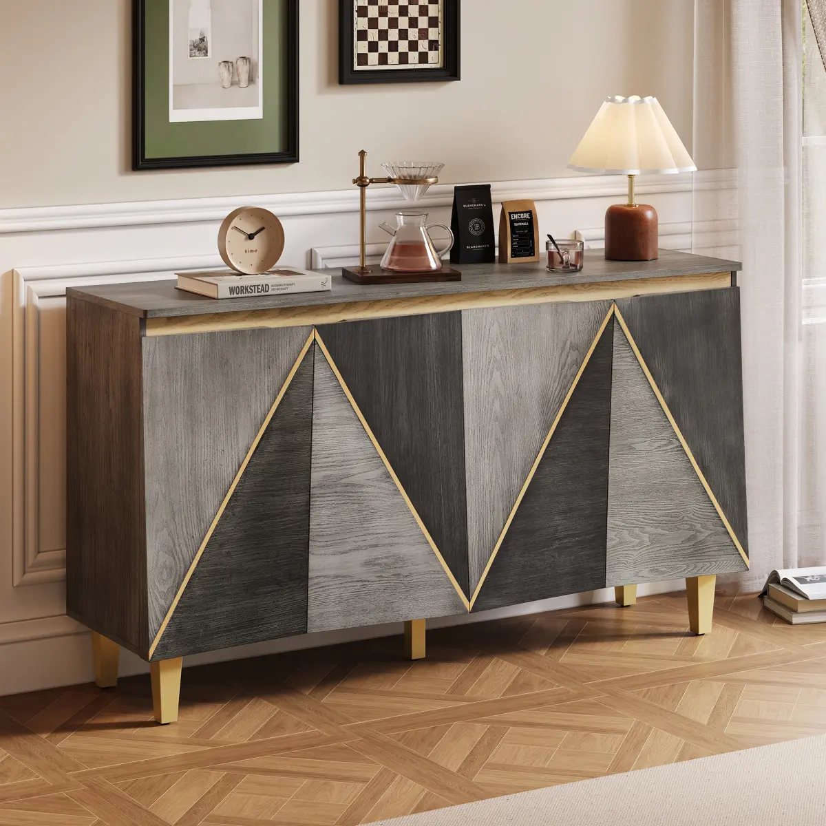 60" Retro Wood Buffet Cabinet - 4-Door Vintage Sideboard with 15 mm Dimensional Effect Doors, Adjustable Shelves, Sturdy Legs, Distressed Finish, 25.5"l x14.8"w Shelf, 59.8x15.7x33.8 in Size, 50 lbs Durable Storage for Dining Room, Kitchen, 25.5"L X 14.8"
