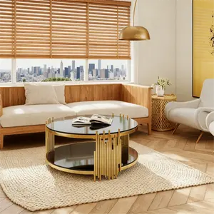 Modern Black Gold Glass Coffee Table with Double Layer Tempered Glass Top Round Design Golden Stainless Steel Base Easy to Clean Assemble Elegant for Living Room Home Office coffee  tables