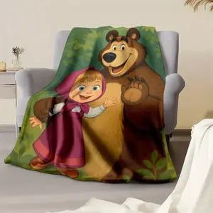 Cute Cartoon Figure Print Blanket with Masha and Bear Design, Soft Plush Throw for Cozy Comfort, Perfect Gift for Kids and Adults