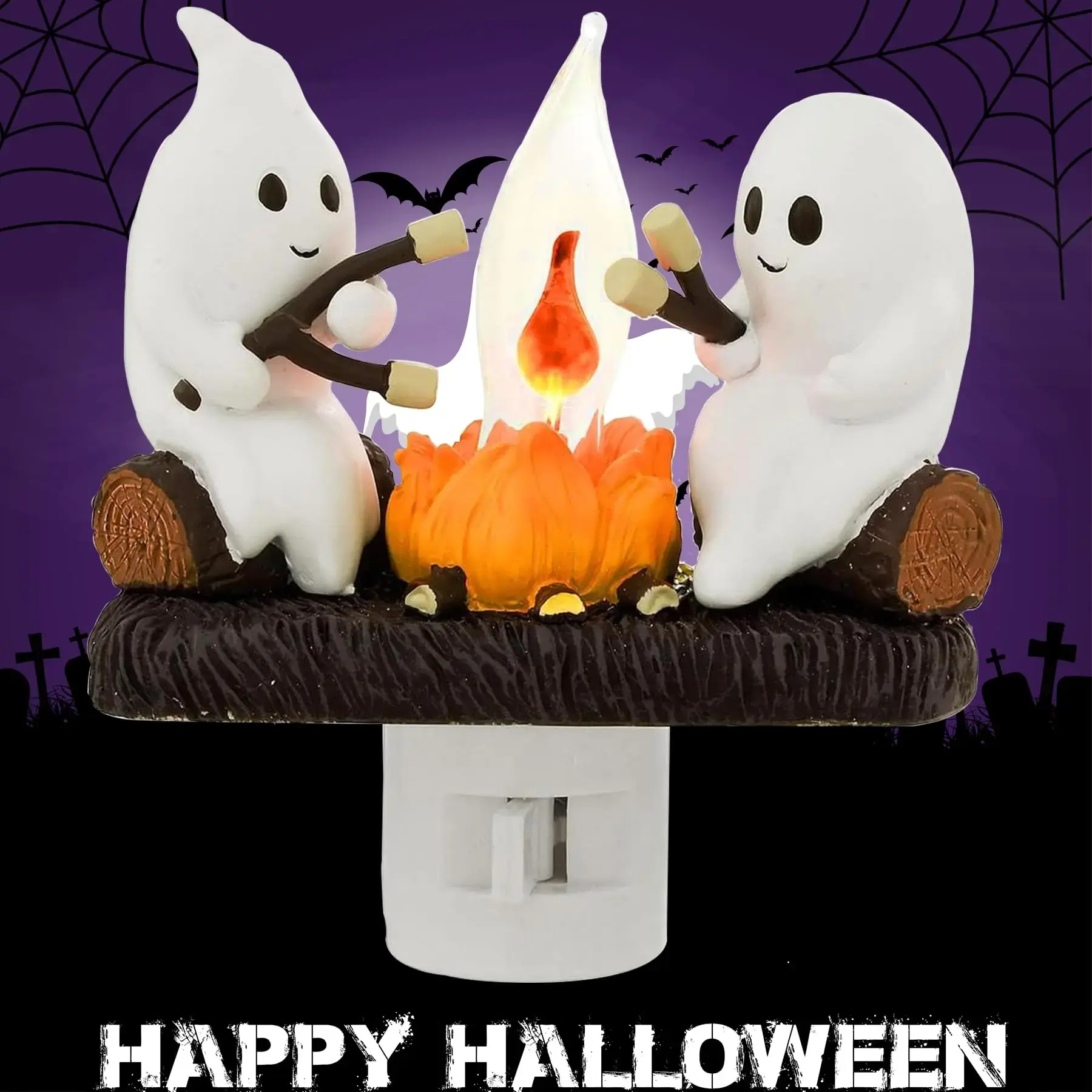 Whimsy Ghost Campfire Flicker Flame Night Light, Compact Size 1 Pack AC Power Supply Wireless LED Wall Sconce Figurine, Halloween Indoor Home Decor for Family Party (Plug-in)