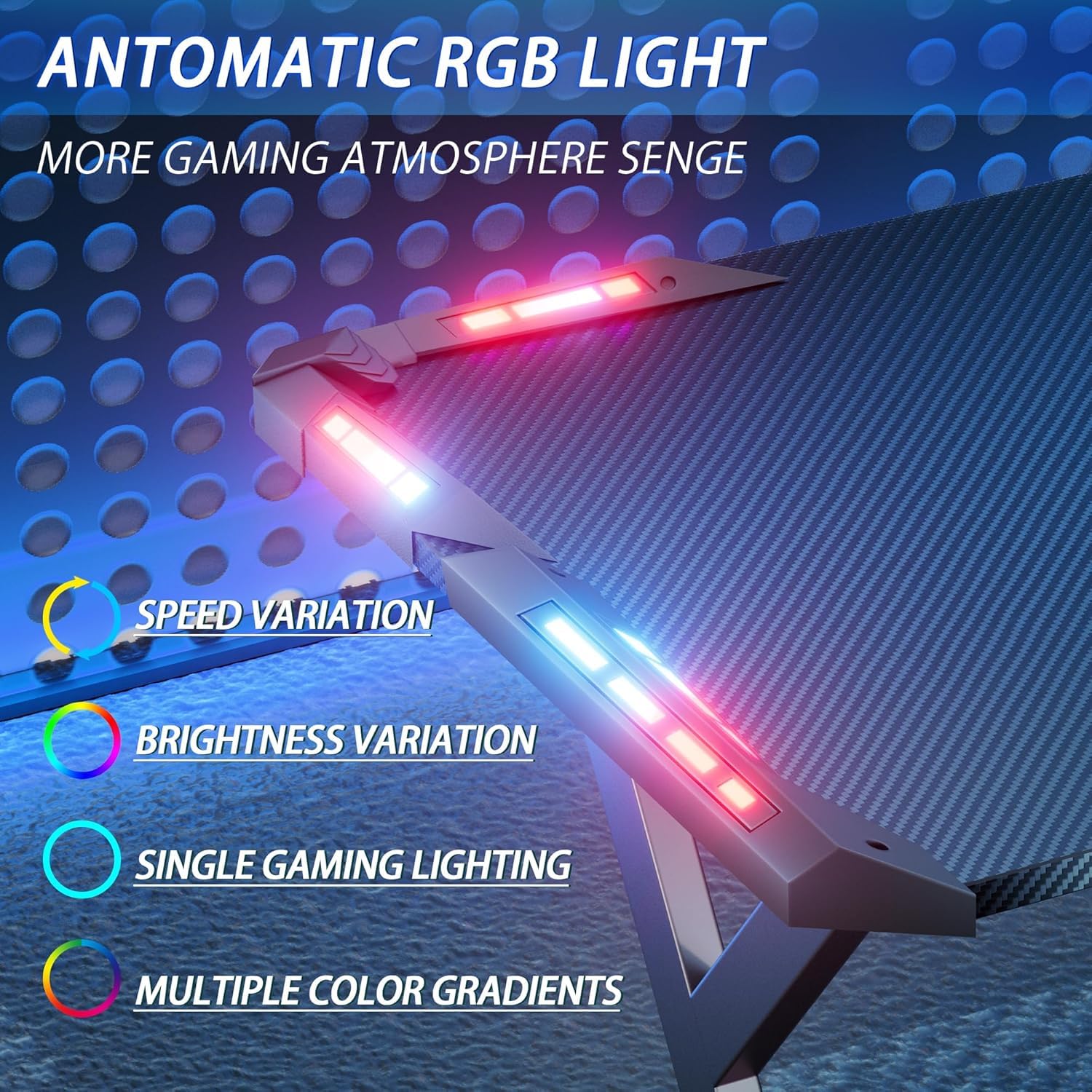 Gaming Desk with LED Lights, Home Office Gamer Desk, Ergonomic Computer Table with Large Carbon Fiber Desktop, Office Workstation, Cup Holder & Headphone Hook summerwins,dorm essentials,home decor