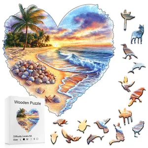 Wooden Puzzle Heart Beach Scene Creative Gift for Family Game Difficulty Level 5A Size M Toddler Alphabet